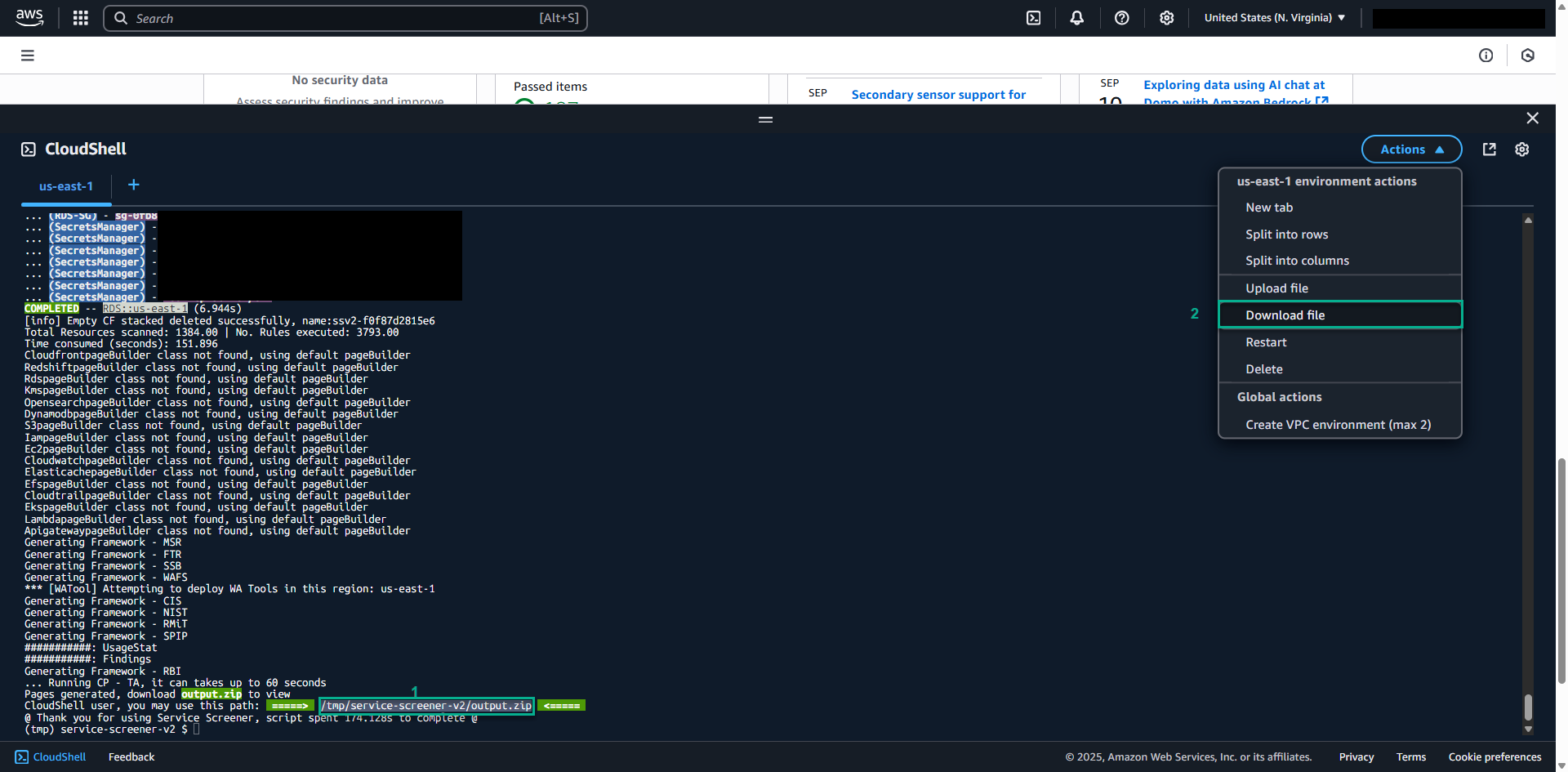 In CloudShell, click &ldquo;Actions&rdquo; → &ldquo;Download file&rdquo;